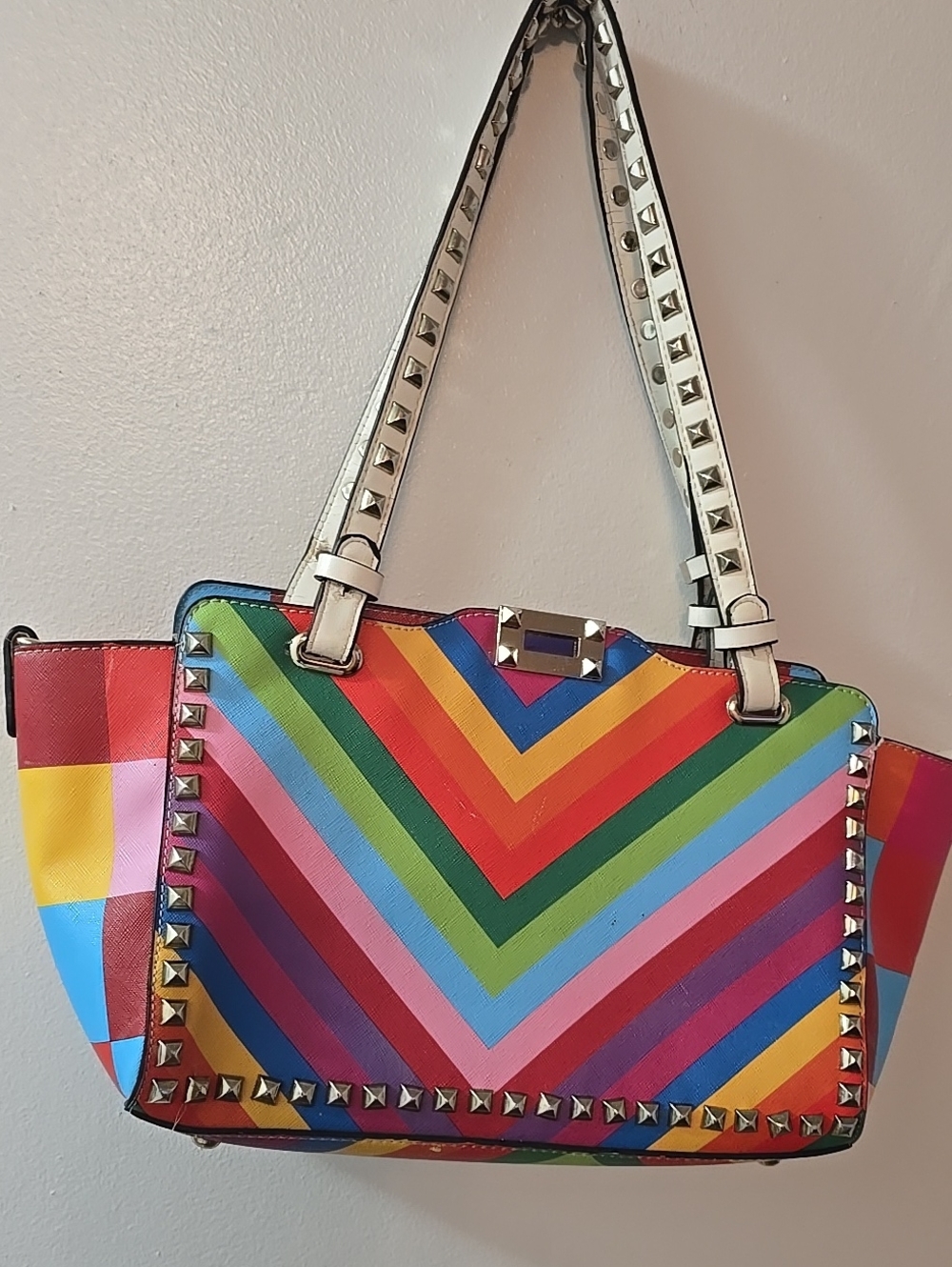 Colorful Chevron Stripe Studded Tote Bag - White Handles